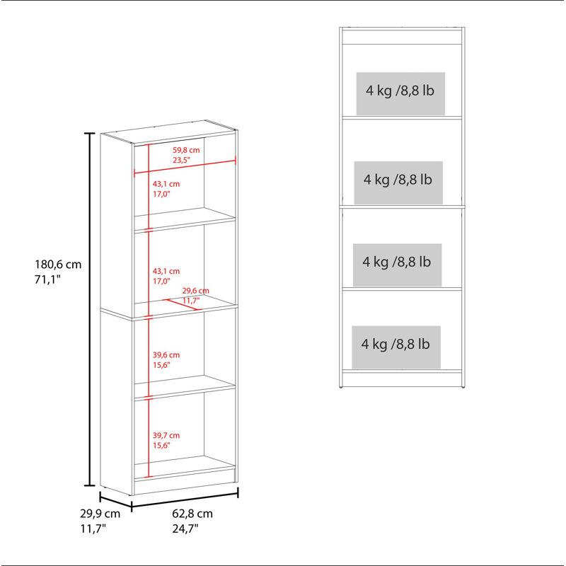 Natural Oak And White 4-Shelf Flat Bookcase With Open Storage, Oak