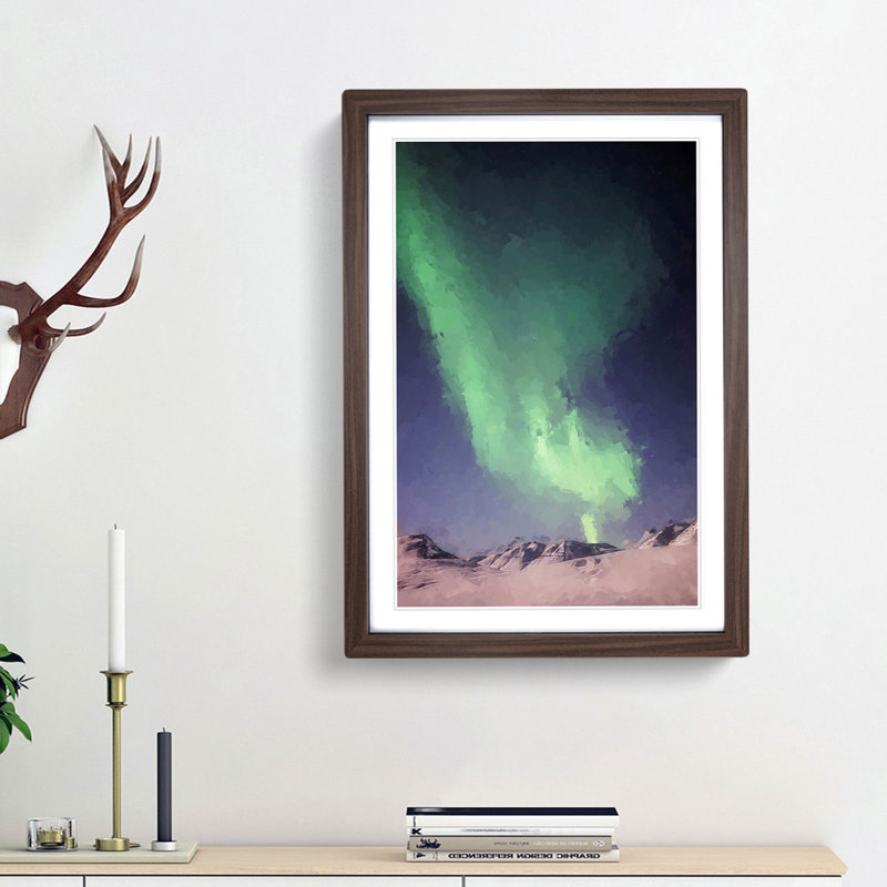 Northern Lights Aurora Borealis- Picture Frame Graphic Art Print, 48cm H x 36cm W x 2cm D, Walnut Framed