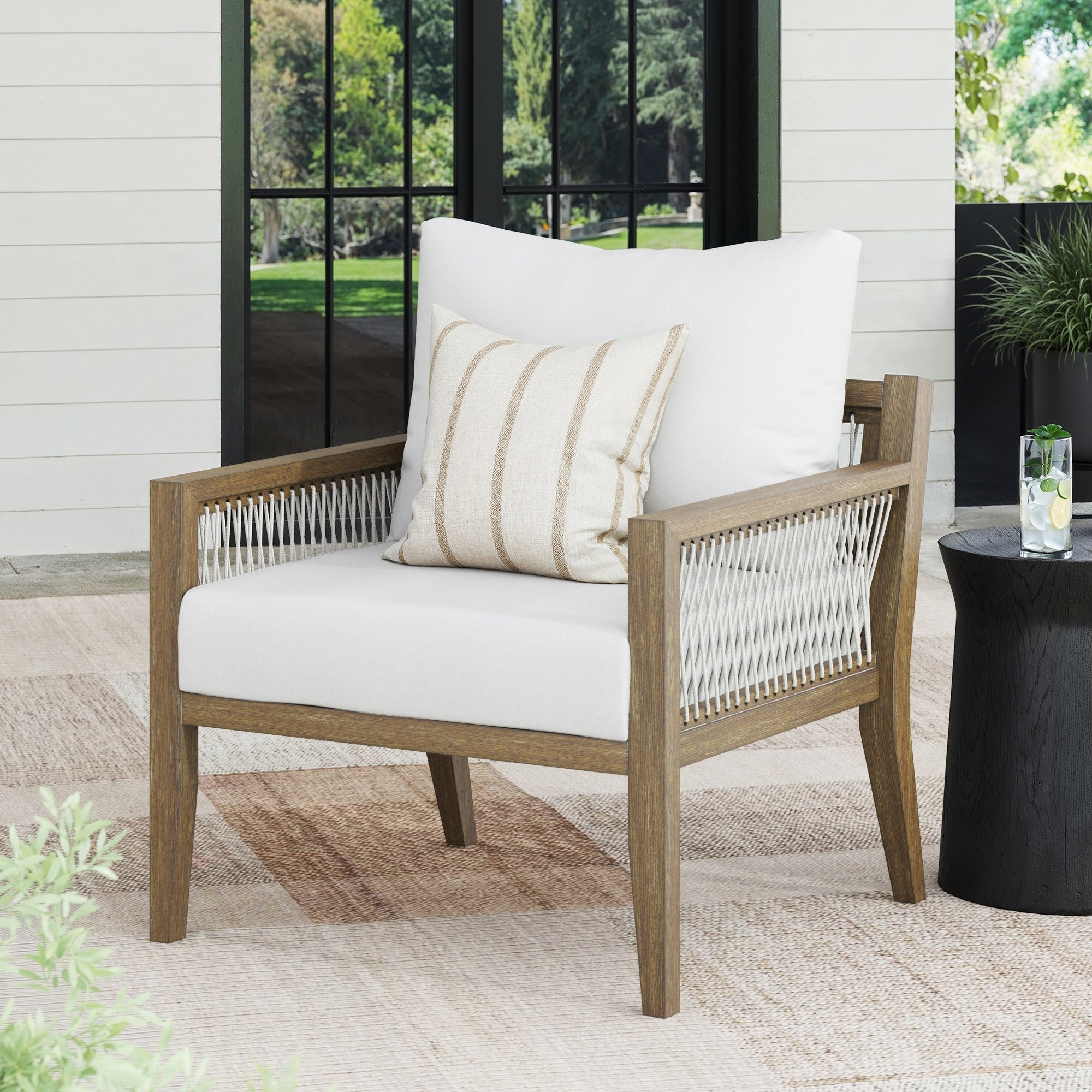 Rooney Outdoor Lounge Chair, Linen White, Light Brown