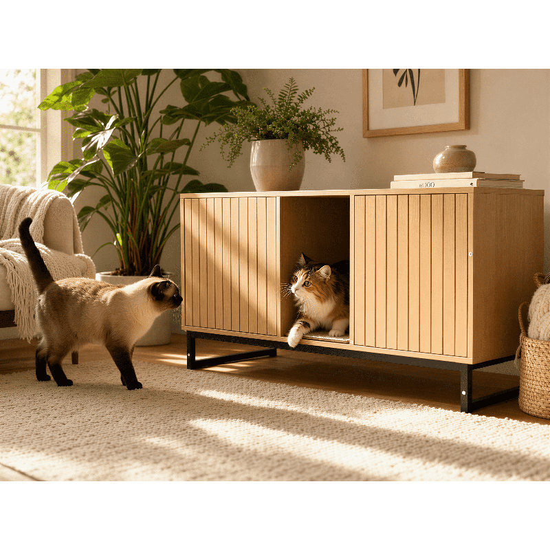 Maison de chat moderne en bois avec tapis à griffer intégré - 47,64 po x 21,46 po x 25,98 po, 76,4 lb