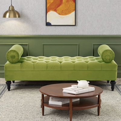 Banc moderne en velours 60 po avec 2 traversins détachables, surface capitonnée, pieds en bois gourde, chambre à coucher et salon