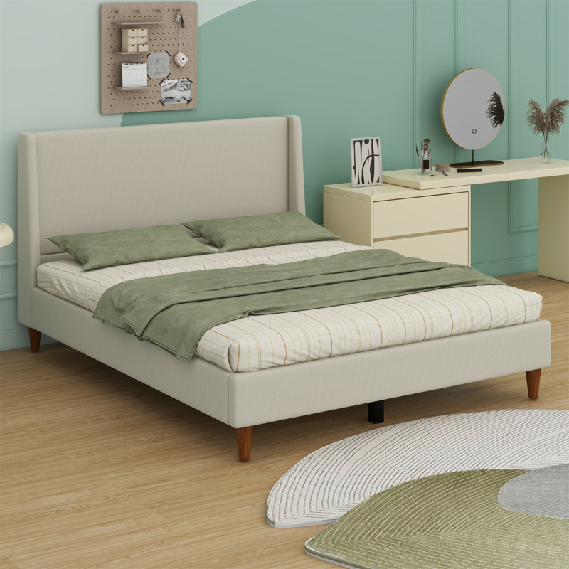 Lit plateforme tapissier moderne avec tête de lit à oreilles et pieds en bois, Grand lit