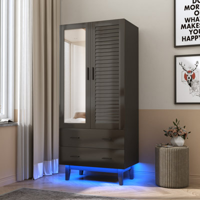 2 Door 71" Armoire Wardrobe With LED Lights, Hanging Rod, Drawers, And Shelves