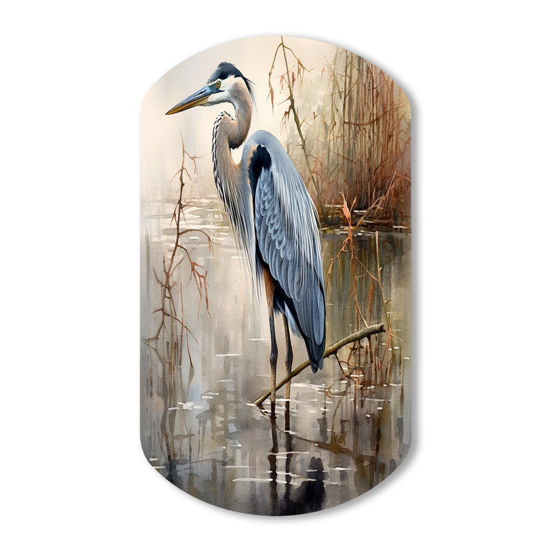 Graceful Heron Waterbird IV - Heron cylindrique, art mural asymétrique en métal, H 31 po x l 19 po