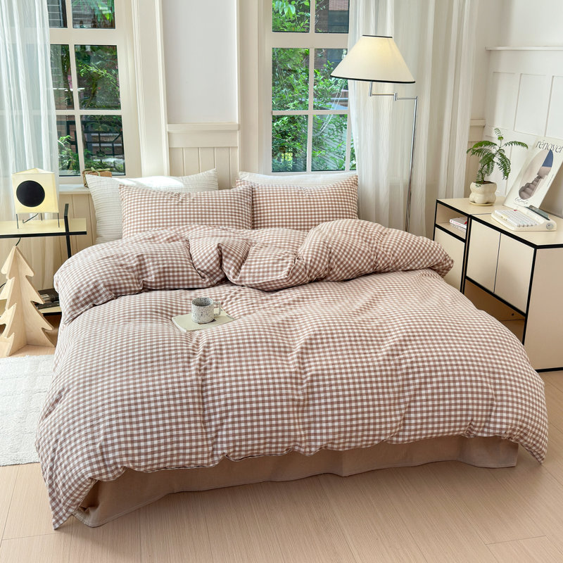 Ensemble de housse de couette en coton délavé à carreaux, Housse de couette grand et 2 taies d'oreiller stan, Beige