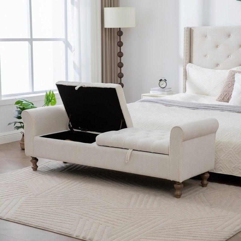 Banc de rangement moderne rembourré de 65,75 pouces de large avec couvercle double, Beige