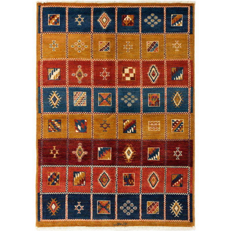 Tapis unique en laine noué à la main jaune et brun des années 2010 de 6 pi 4 po x 8 pi 9 po Quevin