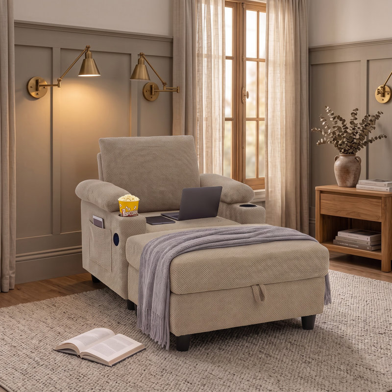 Ensemble de fauteuil d'appoint et repose-pieds avec dossier inclinable, porte-gobelets et port USB-C