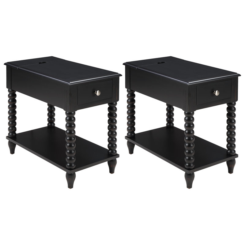 Table de bout de 24 po de hauteur en bois massif rustique avec prise de courant intégrée et port USB, Rustique / Noir