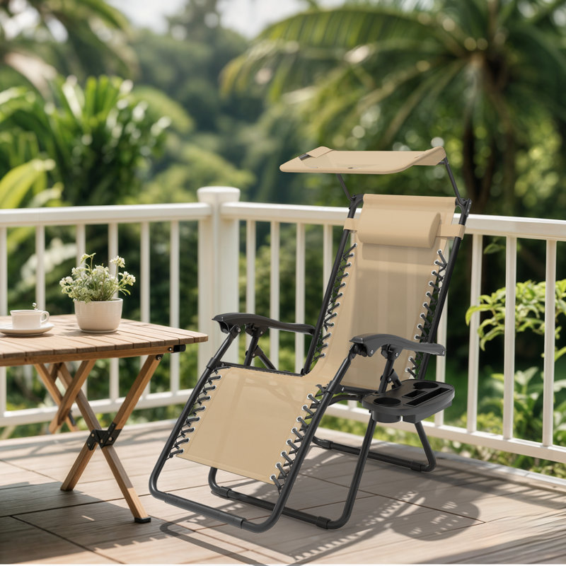 Zero Gravity Chair With Canopy Shade 330 Lb Capacity Adjustable Recliner Headrest For Outdoor Patio Or Beach, Beige