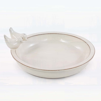 Handmade Ceramic Bird Bath, 11.8 Inch Cream White with Vintage Bird Ornaments for Outdoor Garden and Patio Decor