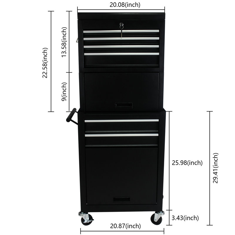 Armoire à outils roulante avec 6 tiroirs verrouillables pour la boîte de réparation de garage et 4 roues universelles, Noir