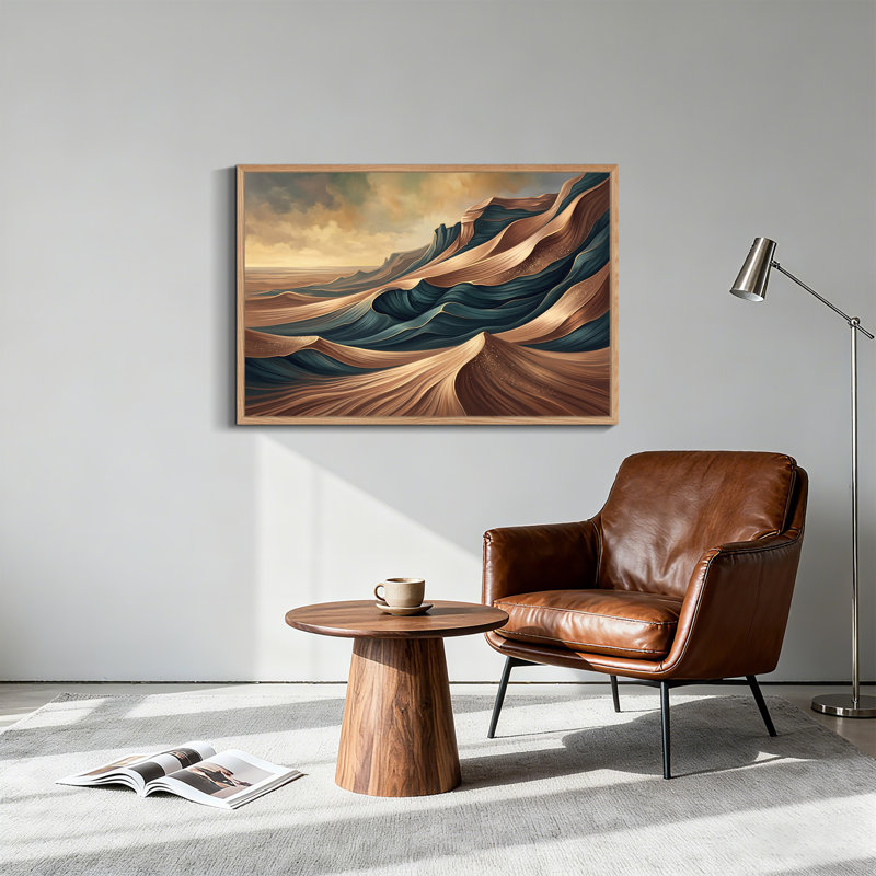 «Dayer» sarcelle et dunes de sable brun sous un ciel doré, art mural, H 36 po x l 48 po