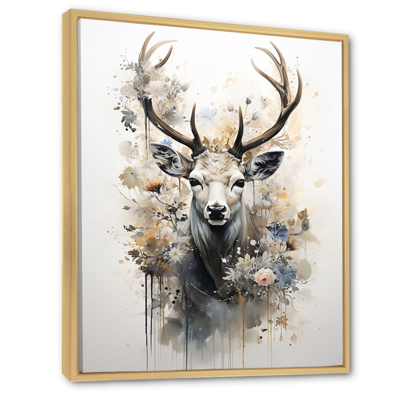 Portrait de cerf noir et blanc I sur toile, Cadre naturel flottant, H 32 po x l 24 po x P 1 po