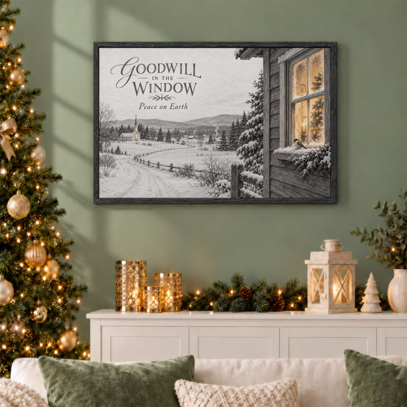 «Snowy Cabin Window with Chickadee and Distant Christmas», art mural sur toile, H 36 po x l 48 po