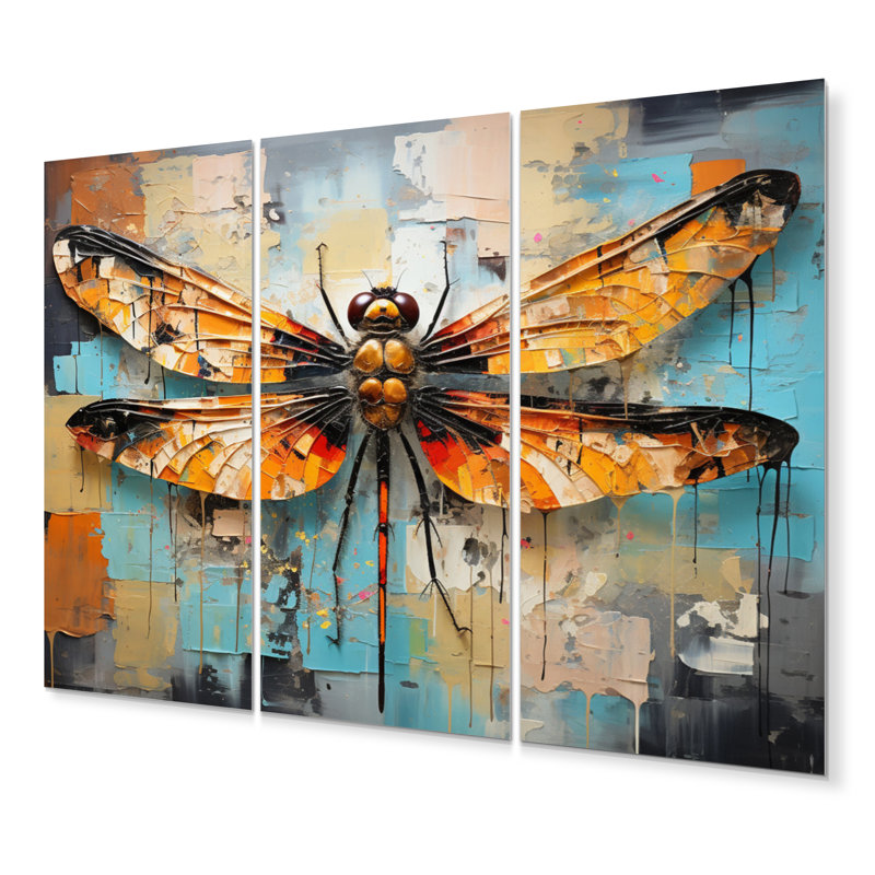 «Orange Dragonfly Insectes Flight Collage I», ensemble d'art mural en métal