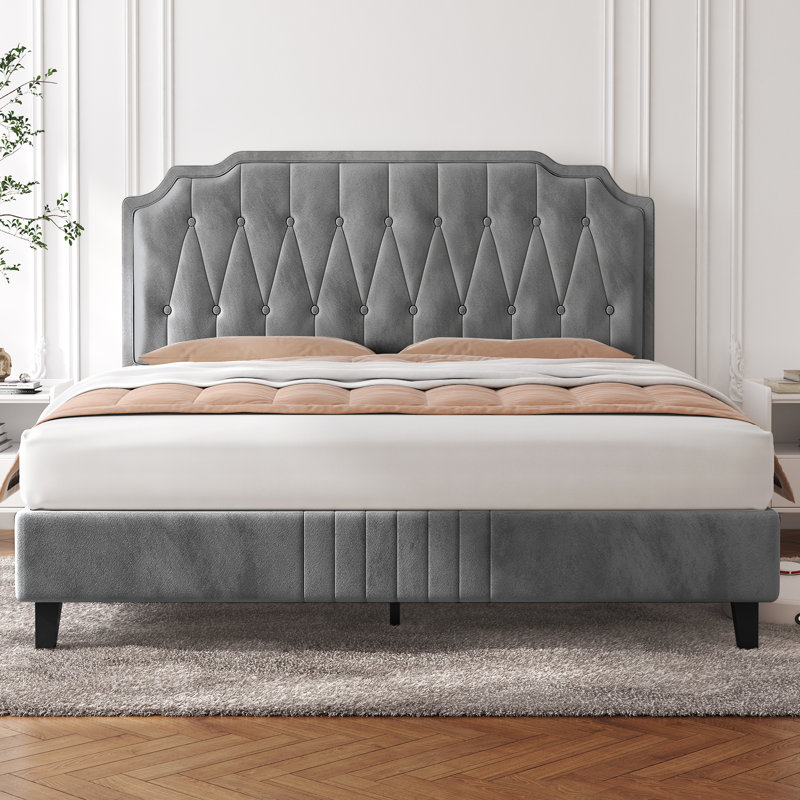 Upholstered Bed Frame with with Diamond Button-Tufted Headboard, Double (4'6), Light Grey