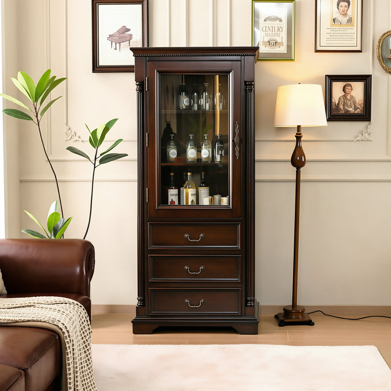 Armoire murale et porte-bouteilles 34,65 po style américain en bois massif brun