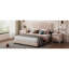 Grand lit moderne en velours beige, tête de lit avec rivets décoratifs, stable et sans sommier tapissier, plateforme et ornement en velours requis