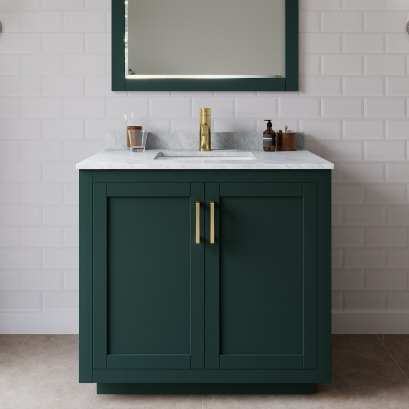 Ensemble de meuble-lavabo simple 36 po avec plateau en marbre Miranda, Vert, Or brossé