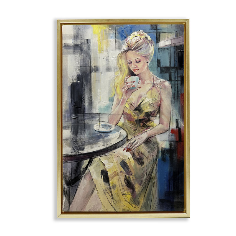 Cadre flottant femme élégante au café, design par Lucille Lee, H 25 po x l 17 po, Cadre flottant métallique doré