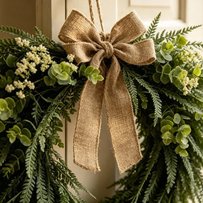 20 Inch Artificial Farmhouse Greenery Wreath, Faux Sawtooth Eucalyptus Wreath with Burlap Bow & Tiny White Flowers, All‑Season Front Door Wall Mantel Home Decor`