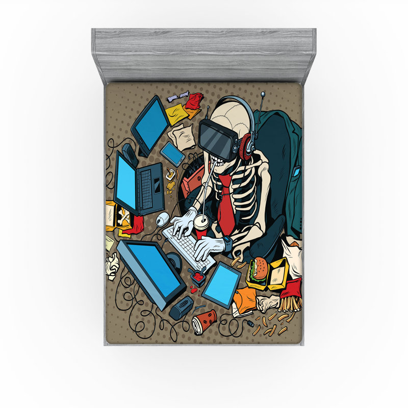 Ambesonne Gamer Fitted Sheet 2-Pack Skeleton in Virtual Reality Multicolor, Queen Fitted Sheet