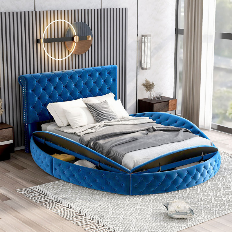 Emmajane Upholstered Velvet Sleigh Bed with Footboard Storage, Full, Blue