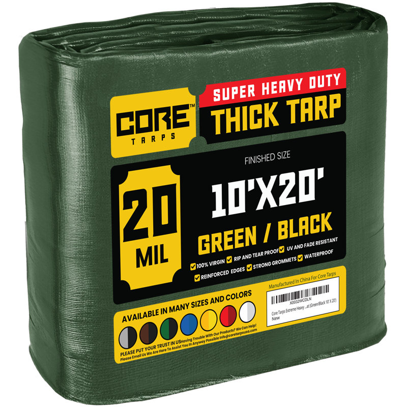 Bâche en polyéthylène robuste de 20 mil, imperméable et résistante aux rayons UV, Vert / noir, 10 pi x 20 pi