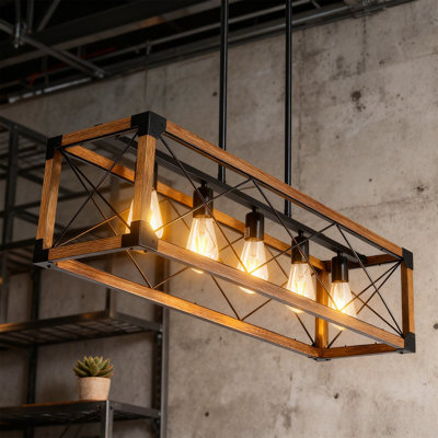 Lustre de ferme 5 lumières avec 4 cordes de suspension réglables, luminaires suspendus à auvent ferreux, structure en bois massif