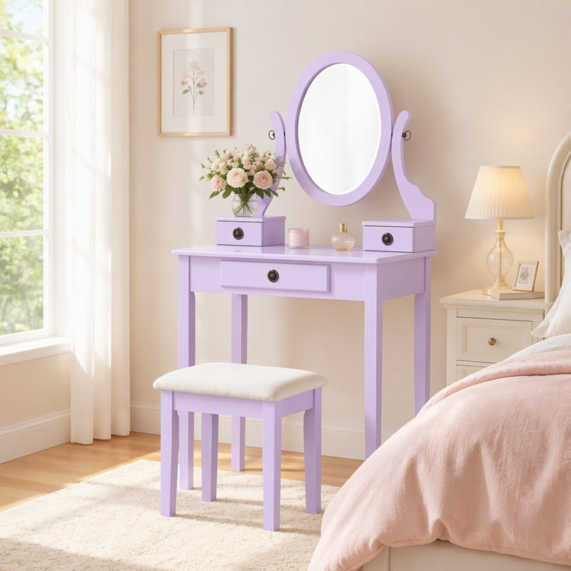 Ensemble de coiffeuse en bois avec table et tabouret, coiffeuse à 3 tiroirs et miroir ovale réglable, ensemble de coiffeuse complet