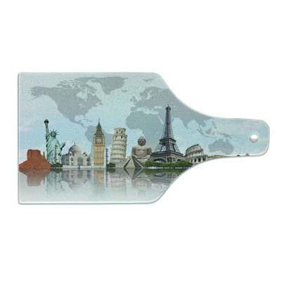 Ambesonne World Map Tempered Glass Cutting Board Landmark Buildings Photo Multicolor