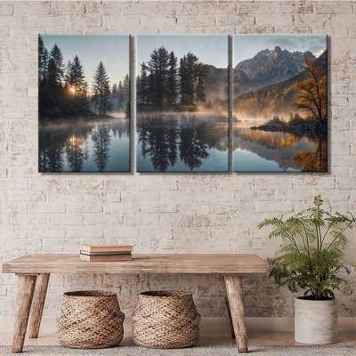 Morning Mist Pine Forest Lake Mountain Reflection Nature Landscape Canvas Wrapped Ready To Hang Farmhouse Wall Decor 3 Pieces