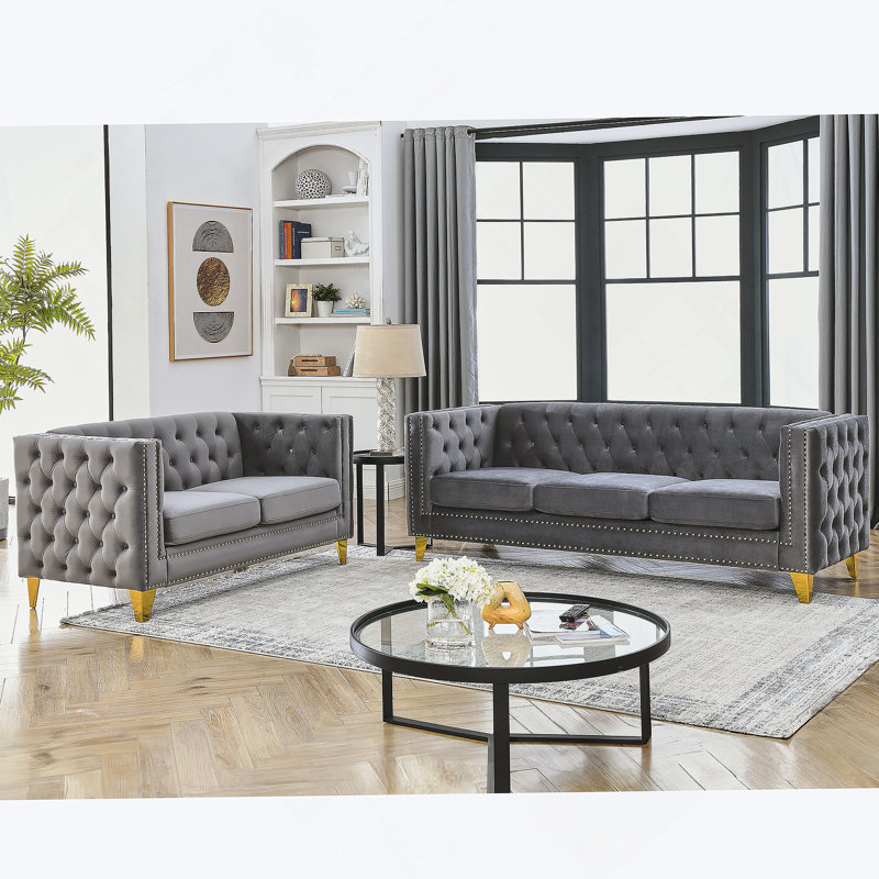 Canapé 3 places + 2 places. VELOUR GRIS, Gris