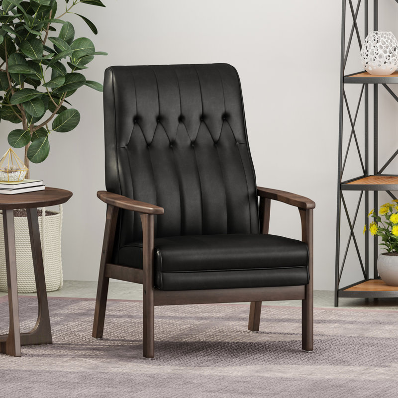 Chaise d'appoint rembourrée Mid-Century moderne en similicuir noir mat avec structure en bois d'hévéa espresso, Noir mat