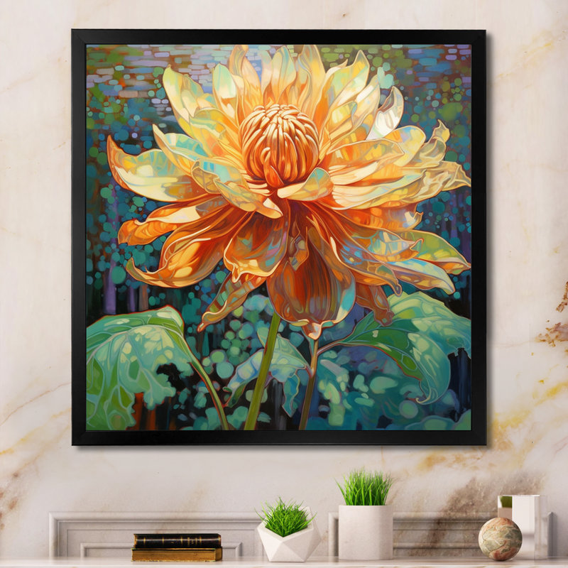 «Blossoming Yellow Chrysanthemum In Lake Retro I», reproduction sur toile, Cadre simple noir, H 30 po x l 30 po x P 1 po