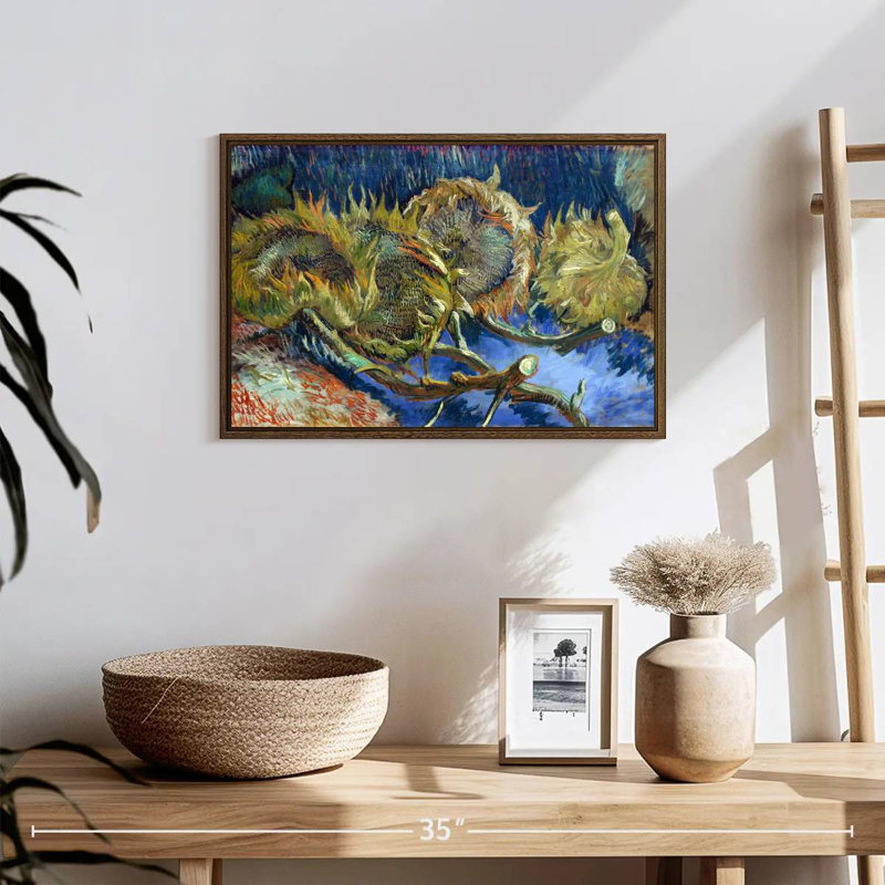 Quatre tournesols passés à la graine, 19 po x 13 po, Cadre flottant en noyer
