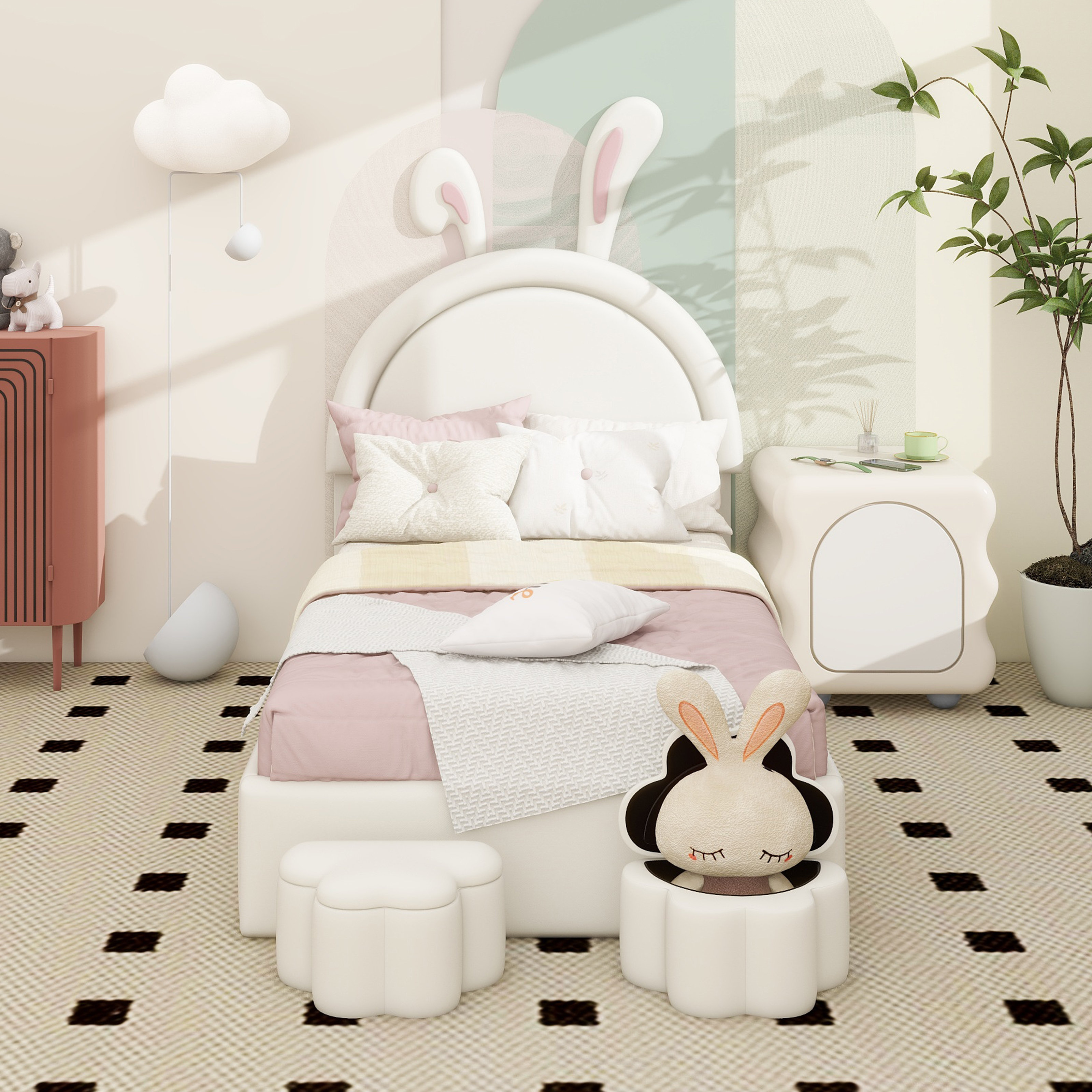 Zoomie Kids Upholstered Rabbit-Shape Bed With 2 Storage Stools, Velvet ...