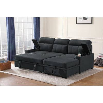 Kaden 93-Inch Black Polished Microfiber Sleeper Sectional Sofa With Right-Facing Chaise – L-Shaped Pull-Out Sleeper Bed, Dual Cupholders, Storage Arms, Contemporary Functional Design