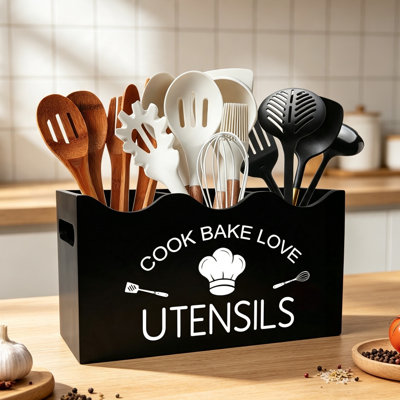 Modern Scalloped 3 Compartment Wooden Utensil Holder for Kitchen Counter, Black