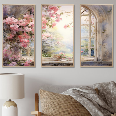 Pink Blossoming Country Window Gaze I - Floral Window Wall Art