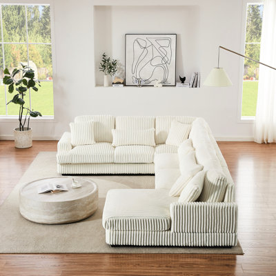 Modern U-Shaped Couch In Beige Corduroy With Square Legs Comfortable Upholstered