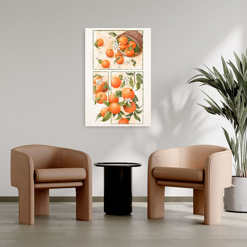 Aquarelle, oranges et fleurs, art abstrait contemporain de paysage de fruits, H 36 po x l 24 po