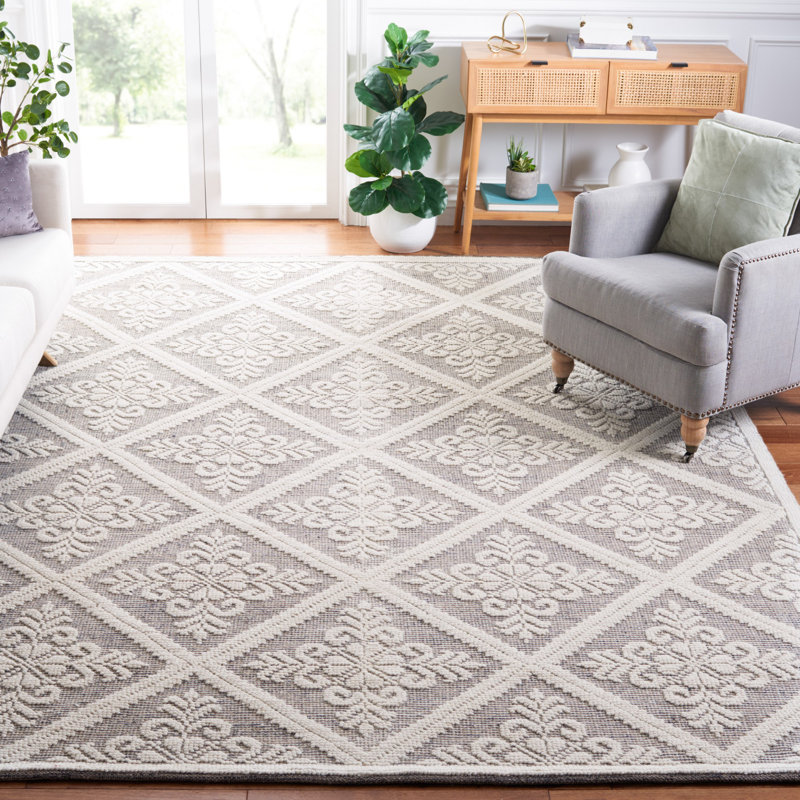 Tapis ivoire / brun en laine tissé à la main Damask, Rectangle 9 pi x 12 pi