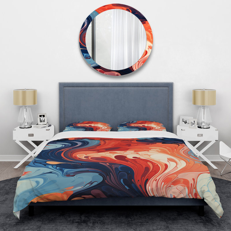 Ensemble de housse de couette à encre liquide bleue et orange, Housse de couette pour très grand lit et 2 très 