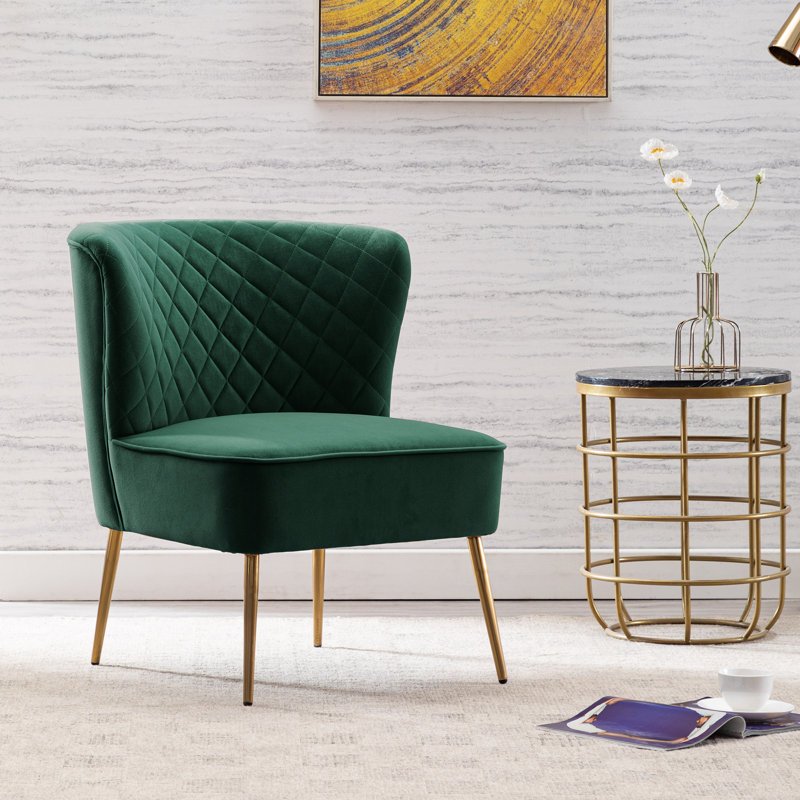 Tru 25" Wide Quilted Velvet Side Chair with Gold Legs, Green Velvet