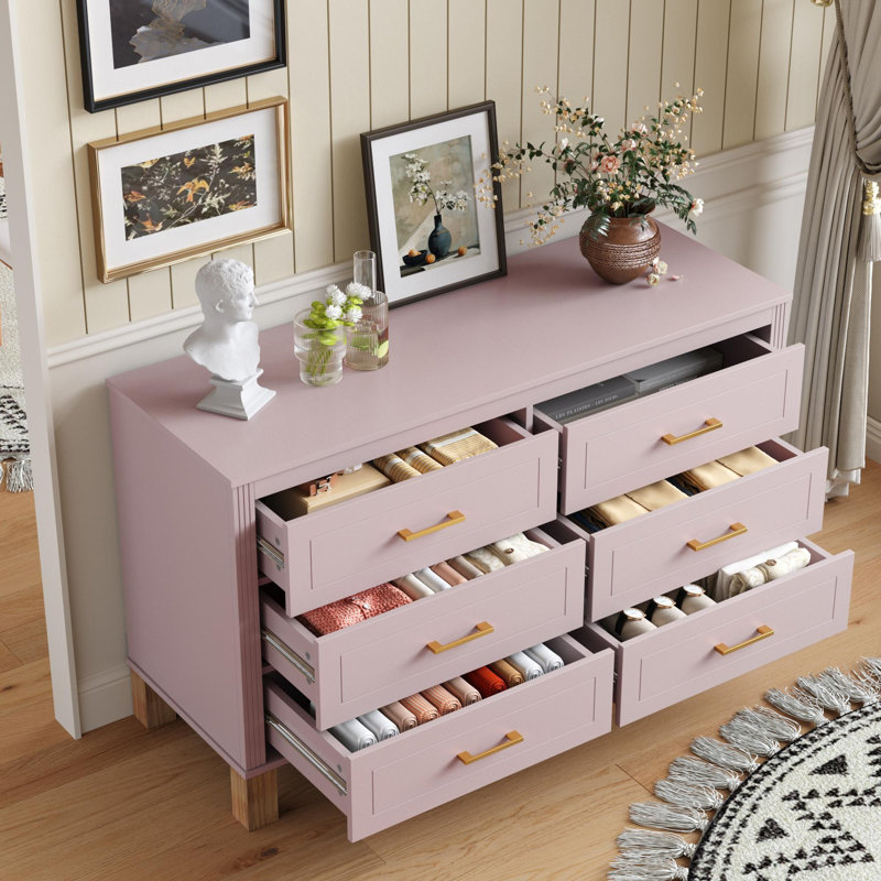 Commode double avec poignées en métal et pieds en bois massif, Rose