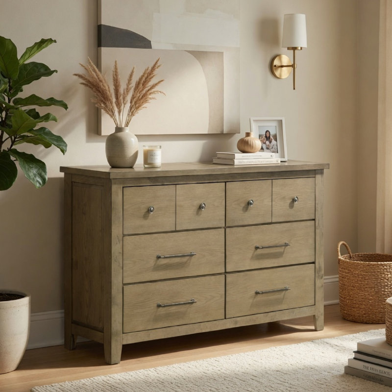 Grande commode Hazel, 6 tiroirs, métal nickel antique, bois de chêne brun