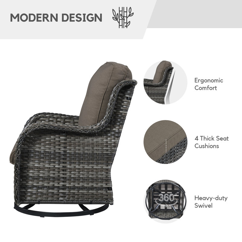 New Caro 2 - Person Outdoor Seating Group PE Wicker Swivel Glider Chair With Cushions With Side Table, Gray