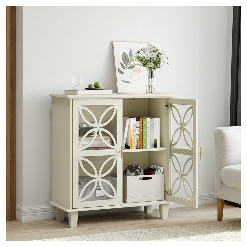 Buffet moderne crème avec portes en verre trempé, console de rangement rétro pour salon et salle à manger